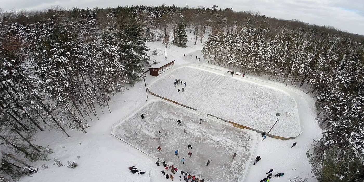 Aerial view of the hockey rink at Camp Barakel